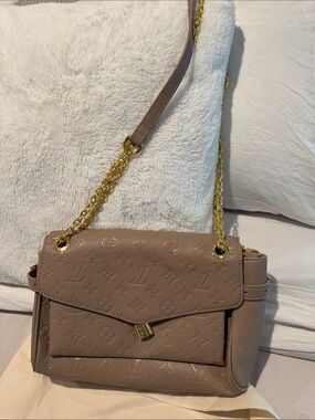 Designer inspired Taupe Monogram Shoulder Bag with Gold Hardware